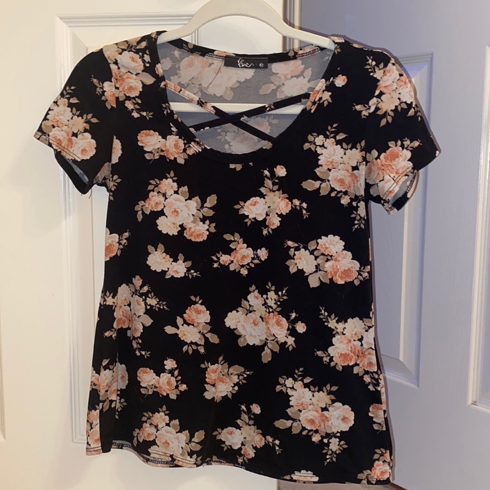 Black floral lace up t-shirt